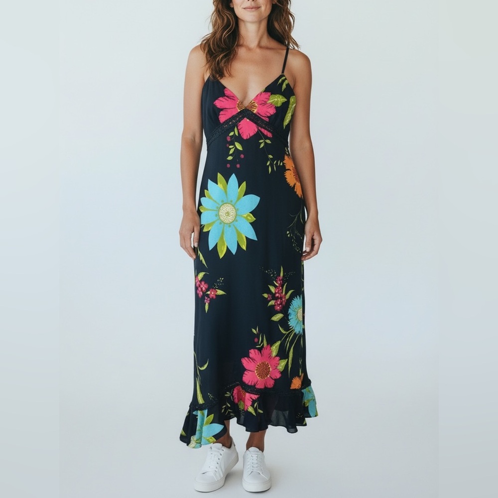 Vtg XOXOXO Black Floral Prom Baby Doll Maxi Dress Fairy Coquette Tiered Sz L Y2K
